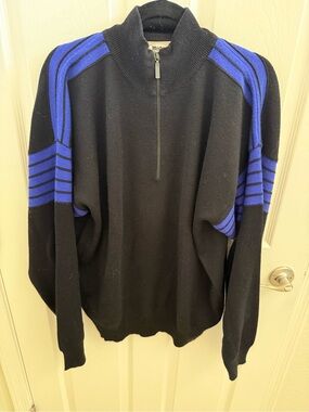 Men's Black Half-Zip Sweater with Royal Blue Shoulder Stripes